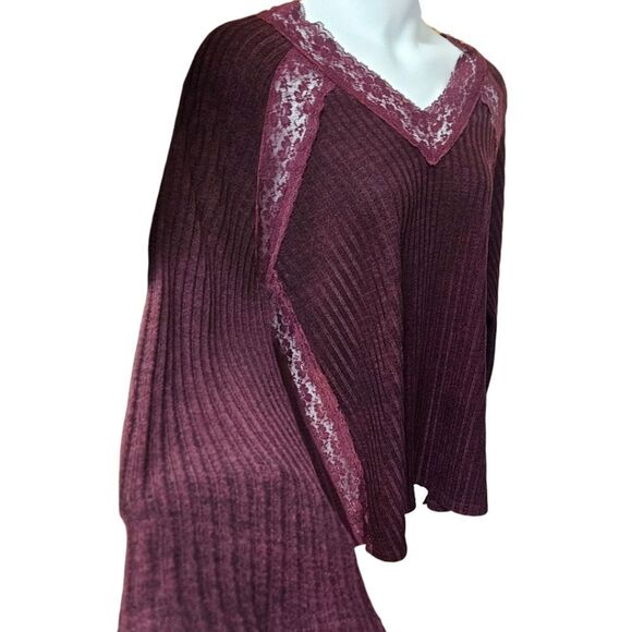 SUSAN BETRO Women's Deep Purple Lacy LongSleeve Ribbed V- Neck Sweater Size 2X - Picture 4 of 15